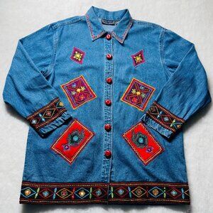 Y2K Lifestyle Womens Blue Embroidered Boho Patchwork Denim Jacket Size M